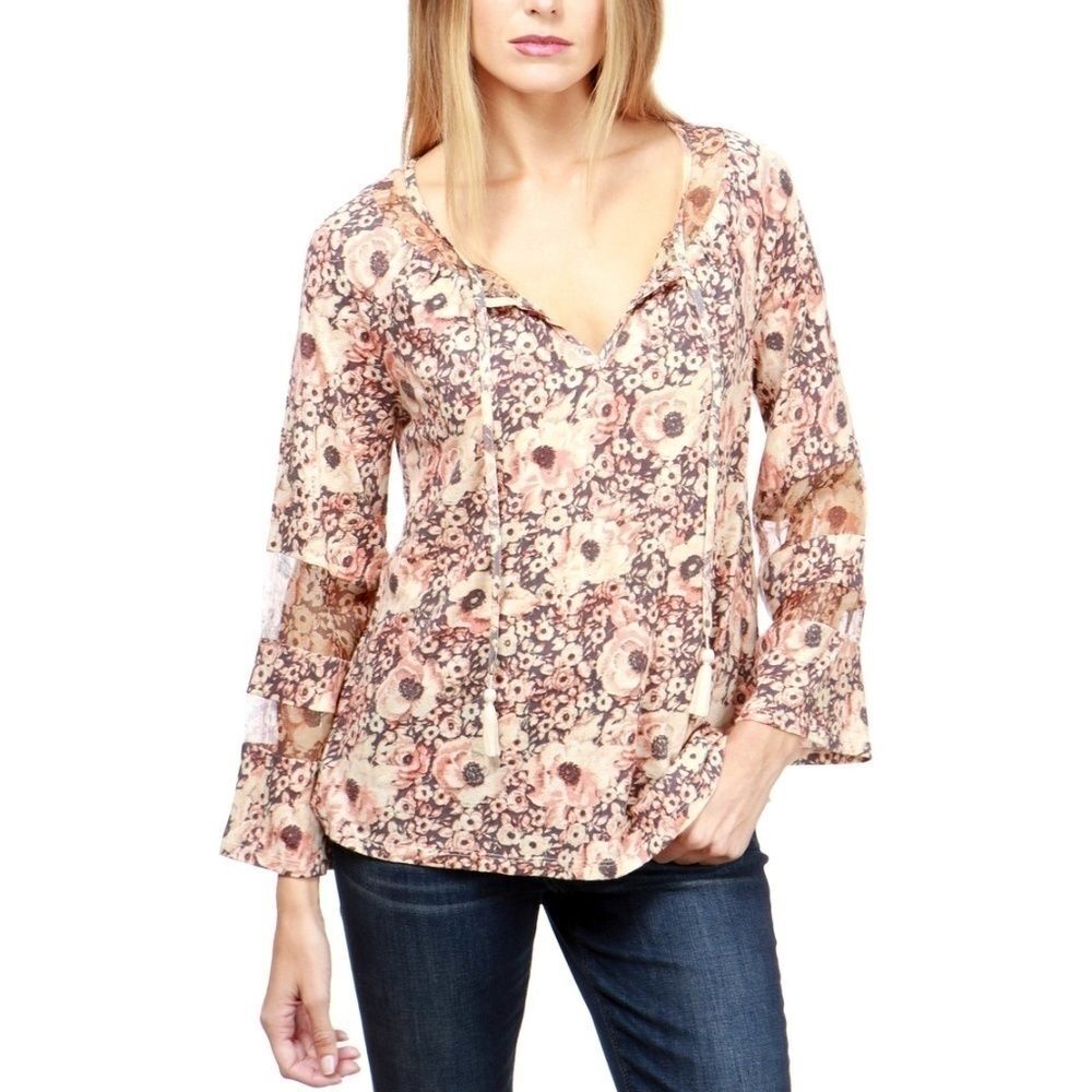 Lucky Brand Floral Woven Mix Peasant Top Blouse S Shirt